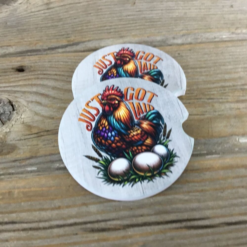 Just Got Laid Chicken and Eggs Set of 2 Funny Car Coasters